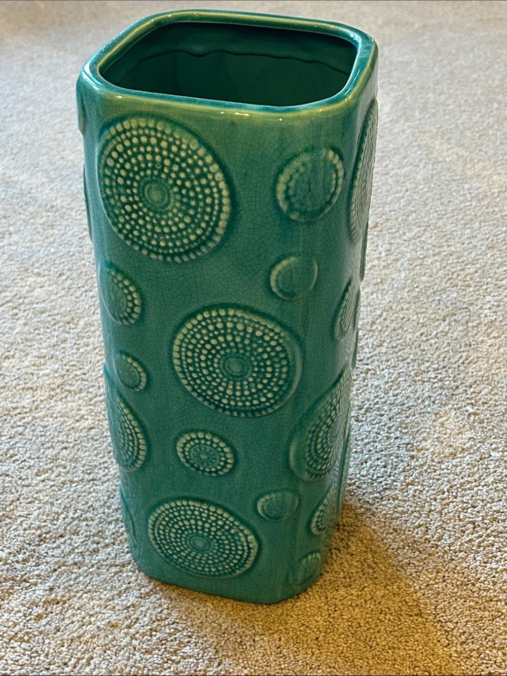 Teal Ceramic Decorative Vase with Textured Medallions - Brand: